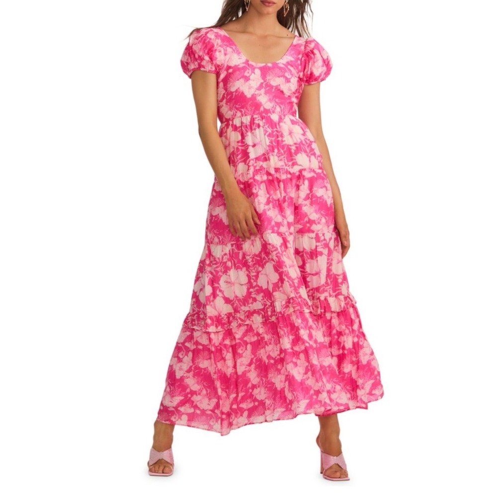 NWT LOVESHACKFANCY Karalie Cotton‎ Silk Hibiscus Maxi Dress in Fuchsia Sz 2 $595